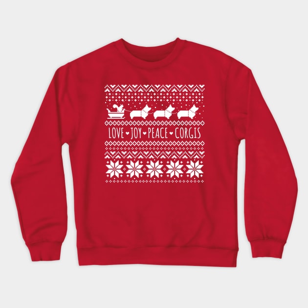 Love Joy Peace Corgis Festive Christmas Holiday Crewneck Sweatshirt by Coffee Squirrel